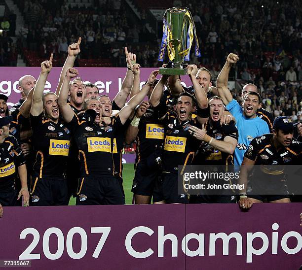 Kevin Sinfield, captain of Leeds Rhinos celebrates with his team after winning the engage Super League Grand Final between St. Helens and Leeds...