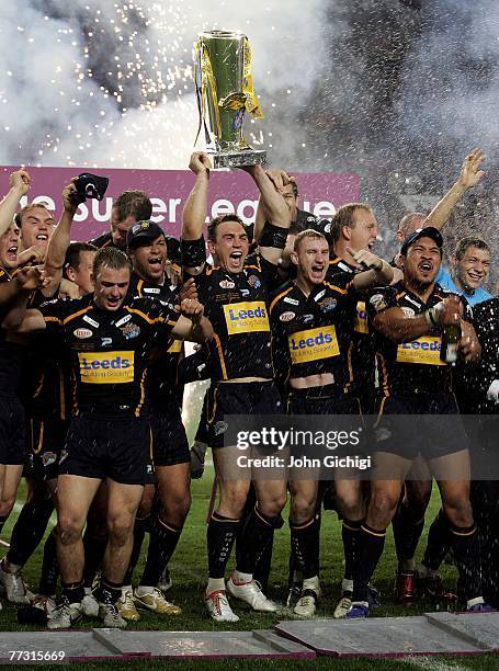 Kevin Sinfield, captain of Leeds Rhinos celebrates with his team after winning the engage Super League Grand Final between St. Helens and Leeds...