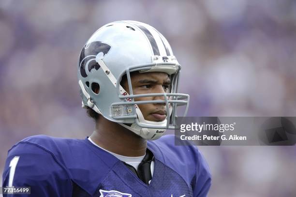 Quarterback Josh Freeman of the Kansas State Wildcats looks to the bench in the first half against the Kansas Jayhawks, during a NCAA football game...
