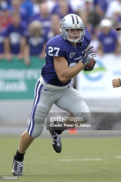 Wide receiver Jordy Nelson of the Kansas State Wildcats rushes up field against the Kansas Jayhawks, during a NCAA football game on October 06, 2007...