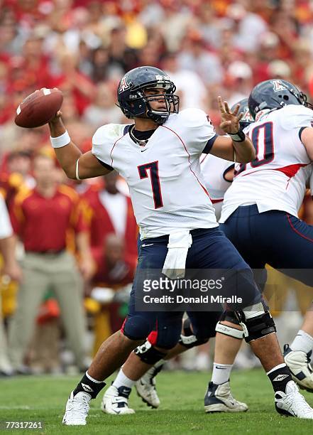 Quarterback Willie Tuitama of the Arizona Wildcats throws against the USC Trojans during the first half of their Pac-10 Conference Game at the Los...