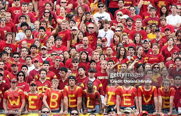 Fans of the USC Trojans look on during the first half of their Pac-10 Conference Game against the Arizona Wildcats at the Los Angeles Memorial...