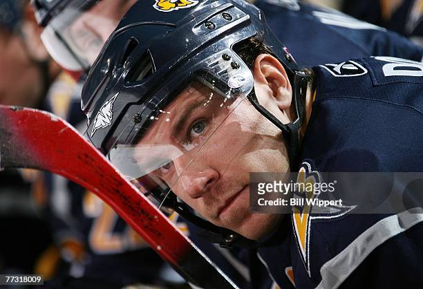 Derek Roy of the Buffalo Sabres strains to watch game against the Washington Capitals at HSBC Arena October 13, 2007 in Buffalo, New York.