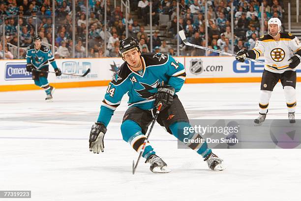 Jonathan Cheechoo of the San Jose Sharks skates on the ice during an NHL game against the Boston Bruins at HP Pavilion at San Jose October 13, 2007...