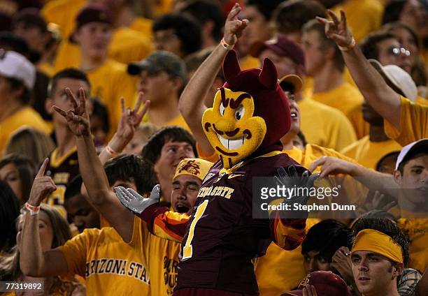 Sparky" the Arizona State Sun Devils mascot does performs in the student section durng the game against the Washington Huskies on October 13, 2007 at...