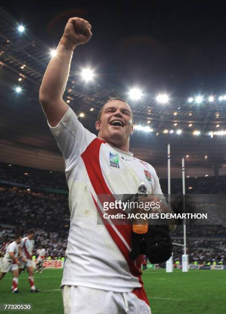 England's prop Matt Stevens celebrates after the rugby union World Cup 2007 semi final match England vs. France at the Stade de France in...