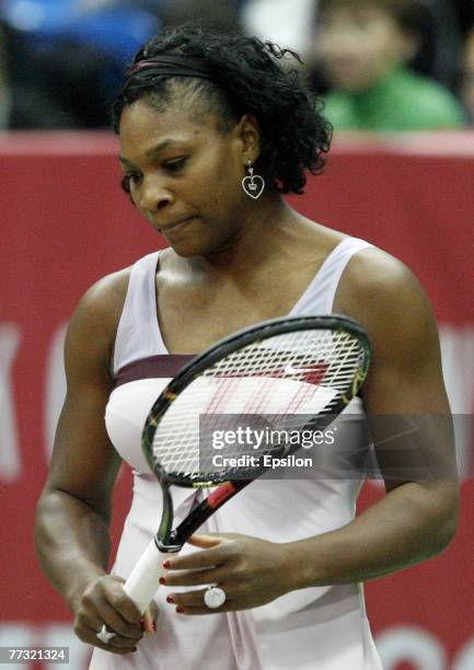 Serena Williams of USA reacts after her final tie of the XVIII International Tennis Tournament Kremlin Cup 2007 on October 14, 2007 in Moscow, Russia.