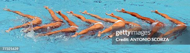 Spain's synchronized swimming team perform during their combination routine, 14 October 2007, in the Synchronized Swimming World Trophy 2007 at the...