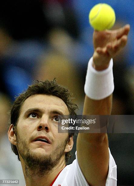 Mathieu Paul-Henri of France in action against Nikolay Davydenko of Russia during his final tie of the XVIII International Tennis Tournament Kremlin...
