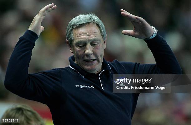 Coach Zvonimir Serdarusic of Kiel reacts on during the Bundesliga Handball match between THW Kiel and HBW Balingen-Weilstetten at the Ostsee Hall on...