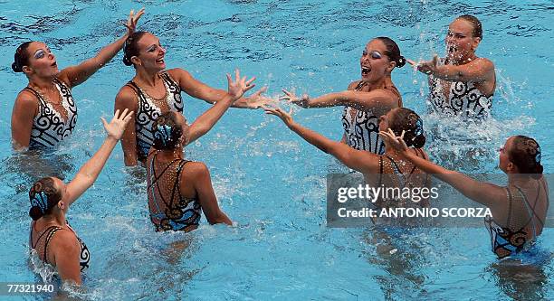 Russia's synchronized swimming team perform during their combination routine, 14 Oct 2007, in the Synchronized Swimming World Trophy 2007 at the...