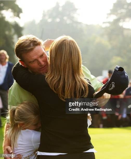 Ernie Els of South Africa celebrates with his daughter Samantha and wife Liezl after winning the HSBC World Match Play Championship at The Wentworth...