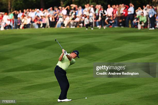 Ernie Els of South Africa plays a shot on the 11th during the Final Round of the HSBC World Match Play Championship at The Wentworth Club on October...