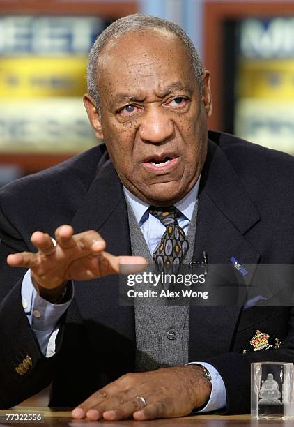 Entertainer Bill Cosby speaks during a taping of "Meet the Press" at the NBC studios October 14, 2007 in Washington, DC. Cosby spoke on the new book...