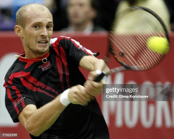 Nikolay Davydenko of Russia in action against Mathieu Paul-Henri of France during the final of the XVIII International Tennis Tournament Kremlin Cup...
