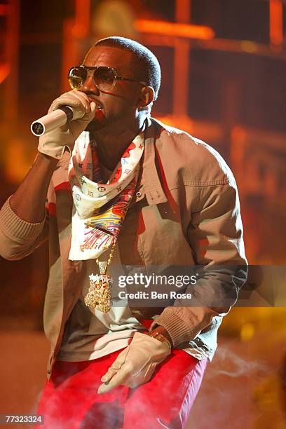 Kanye West performs "Can't Tell Me Nothin" and "Good Life" during the BET Hip Hop Awards 2007 at the Atlanta Civic Center on October 13, 2007 in...