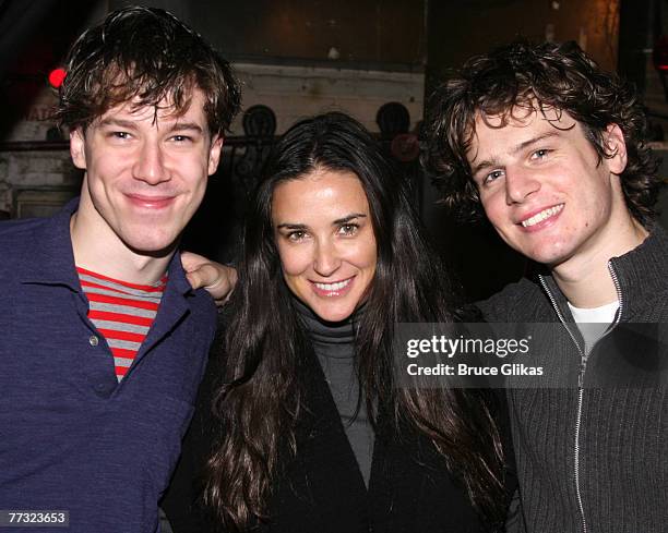 John Gallagher Jr., Demi Moore and Jonathan Groff pose at "Spring Awakening" on Broadway at The Eugene O'Neill Theater on October 13, 2007 in New...