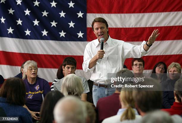 Democratic U.S. Presidential hopeful and former Sen. John Edwards speaks at a Town Hall style meeting at Hudson Memorial School October 14, 2007 in...