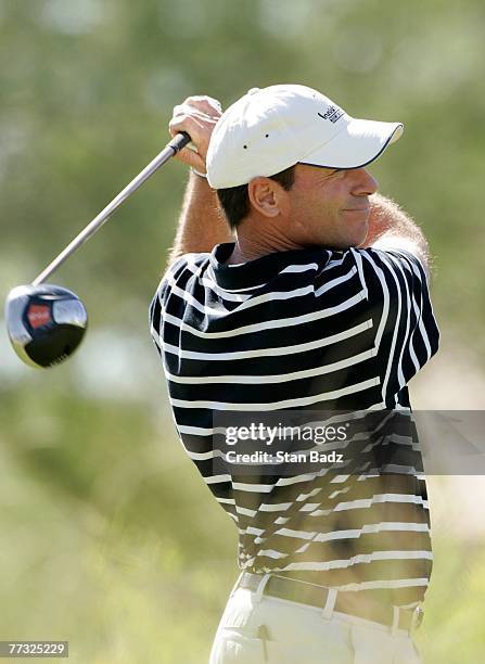 John Huston hits his tee shot at the tenth hole during the fourth round of the Frys.com Open benefiting Shriners Hospitals for Children at TPC...