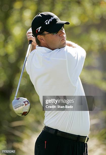 Cameron Beckman watches his tee shot at the third hole during the fourth round of the Frys.com Open benefiting Shriners Hospitals for Children at TPC...