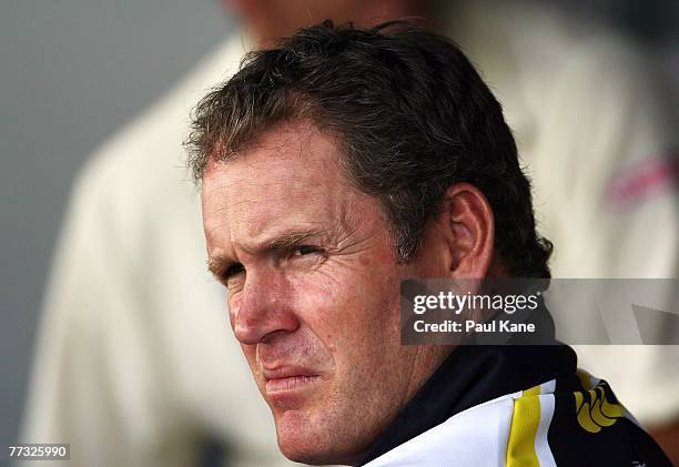 Warriors coach Tom Moody looks on during day two of the Pura Cup match between the Warriors and the Blues at the WACA October 15, 2007 in Perth,...