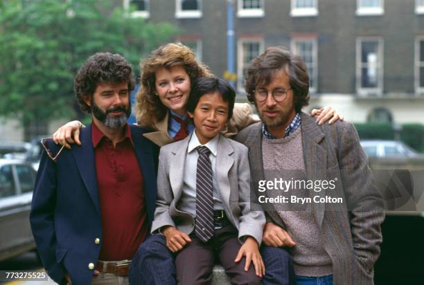 Producer George Lucas, actors Kate Capshaw and Jonathan Ke Quan, and director Steven Spielberg, pose whilst promoting their new film 'Indiana Jones...