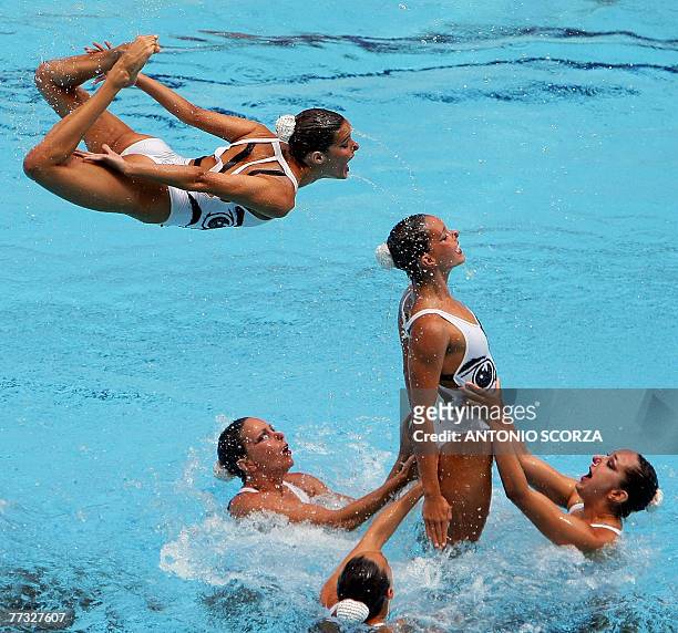 Spain's synchronized swimming team perform during their combination routine, 14 October 2007, in the Synchronized Swimming World Trophy 2007 at the...