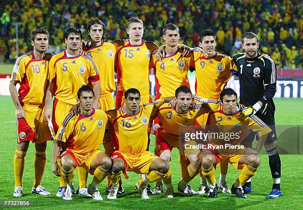 The Romanian Team pose for a group picture before the Euro 2008 Group G qualifying match between Romania and The Netherlands at Farul Stadium on...