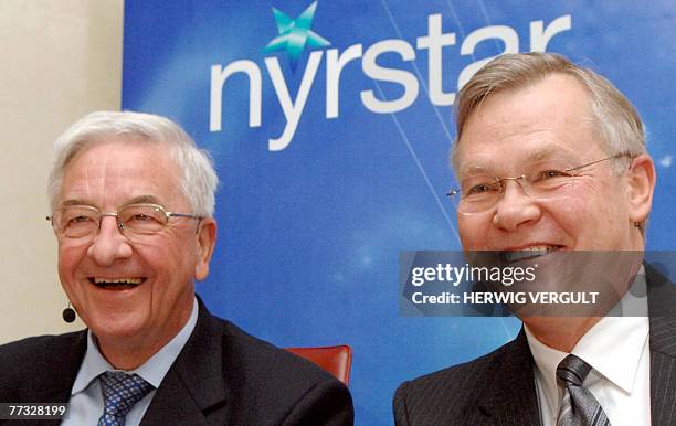 Nyrstar zinc Chairman Julien De Wilde and CEO Paul Fowler laugh during a press conference announcing the introduction of Nyrstar on the Brussels...