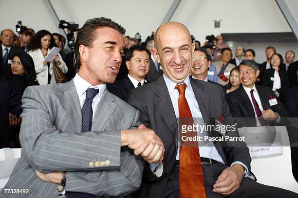 Arnaud Lagardere President of Lagardere group and Louis Gallois CEO of EADS shake hands during a ceremony to deliver the first Airbus A380 Superjumbo...