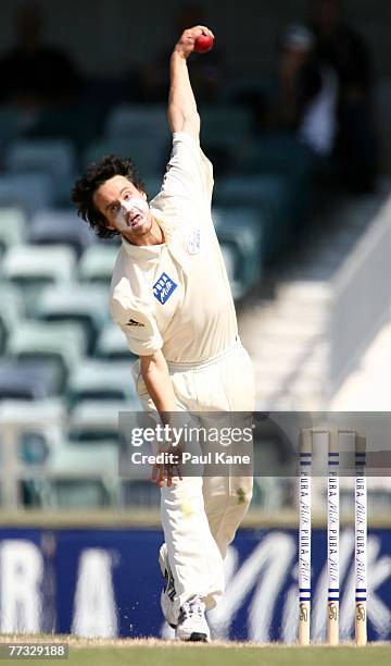 Beau Casson of the Blues bowls during day two of the Pura Cup match between the Warriors and the Blues at the WACA October 15, 2007 in Perth,...