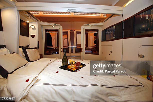 General view of inside the first class twin cabin section of the new Singapre Airlines Airbus A380 on October 15, 2007 in Toulouse, France. The first...