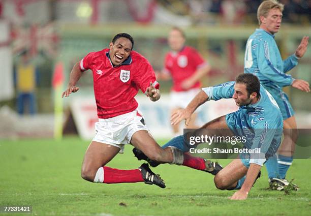 Paul Ince of England and Fuerra of San Marino during a World Cup qualifier match between San Marino and England, 17th November 1993. England won 1-7.