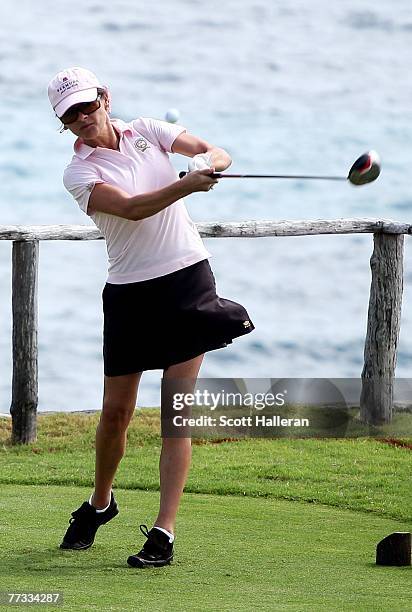 Catherine Zeta-Jones hits a shot on the fourth tee during the pro-am prior to the start of PGA Grand Slam at the Mid Ocean Club on October 15, 2007...