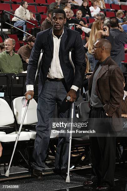 Greg Oden of the Portland Trail Blazers, on crutches and is out for the season after under going micro fracture surgery in his knee, prior to a...