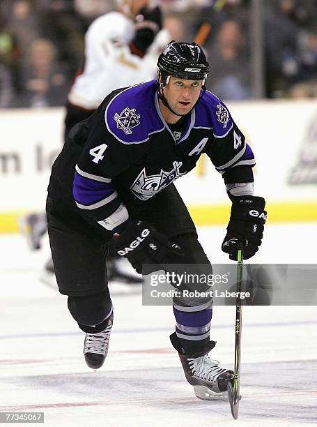 Rob Blake of the Los Angeles Kings skates through center ice against the Anaheim Ducks during their preseason NHL game at the Staples Center on...