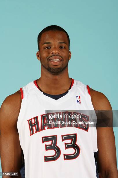 Shelden Williams of the Atlanta Hawks poses for a portrait during NBA Media Day at Philips Arena on October 1, 2007 in Atlanta, Georgia. NOTE TO...