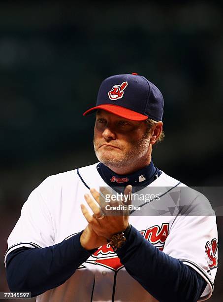 Manager Eric Wedge of the Cleveland Indians applauds during team introductions before Game Three of the American League Championship Series against...