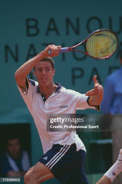 Russian tennis player Marat Safin pictured in action during competition to reach the fourth round of the Men's Singles tournament at the 1998 French...