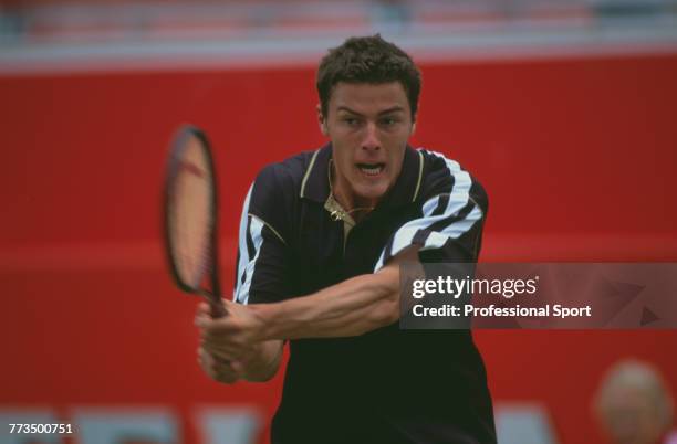 Russian tennis player Marat Safin pictured in action during competition to reach the quarterfinals of the 2000 Stella Artois Championships singles...