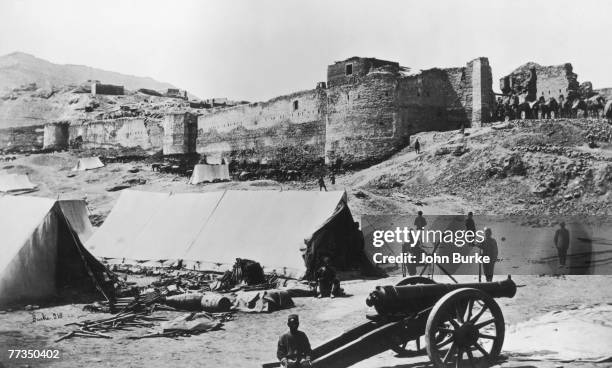 The upper part of the Bala Hissar, an ancient fortress in Kabul, Afghanistan, as seen from the gateway above the British Residency during the Second...