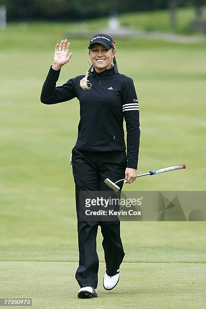 Natalie Gulbis reacts after her birdie putt on the fourth green during the second round of the 2007 Sybase Classic Presented by ShopRite at Upper...