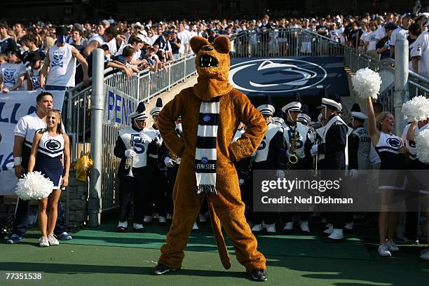 The Nittany Lion mascot of the Penn State Nittany Lions stands on the sideline against the University of Iowa Hawkeyes at Beaver Stadium on October...