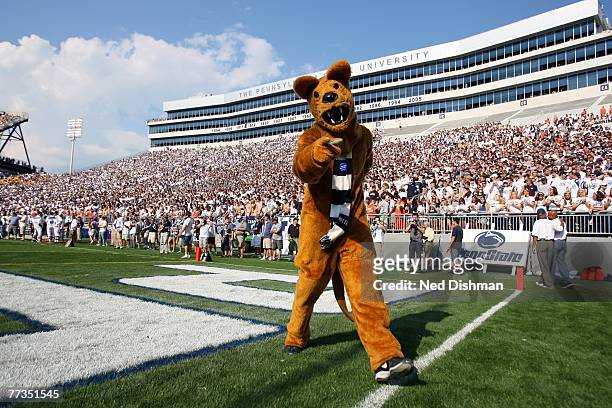 The Nittany Lion mascot of the Penn State Nittany Lions stands on the field against the University of Iowa Hawkeyes at Beaver Stadium on October 6,...
