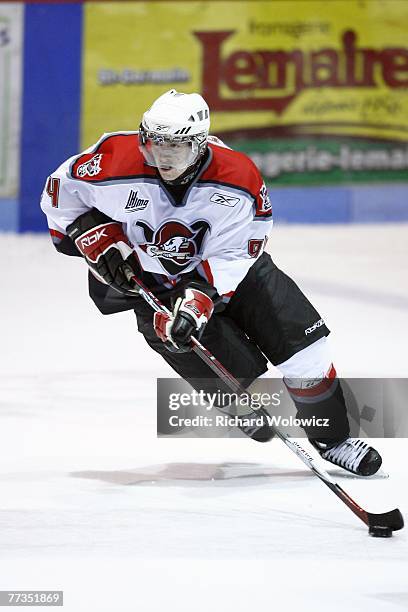 Philippe Lefebvre of the Drummondville Voltigeurs skates with the puck during the game against the Shawinigan Cataractes at the Centre Marcel Dionne...