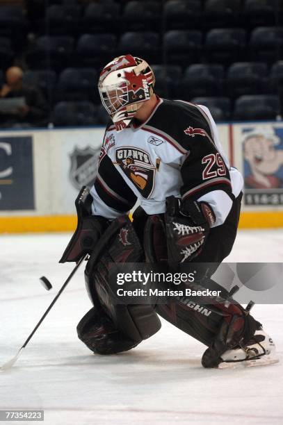 Tyson Sexsmith of the Vancouver Giants defends the goal against the Kelowna Rockets September 26, 2007 at Prospera Place in Kelowna, Canada.