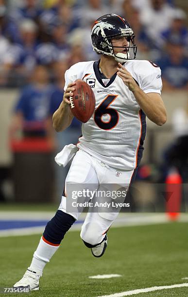 Quarterback Jay Cutler of the Denver Broncos looks to pass the ball against the Indianapolis Colts during the NFL game on September 30, 2007 at the...