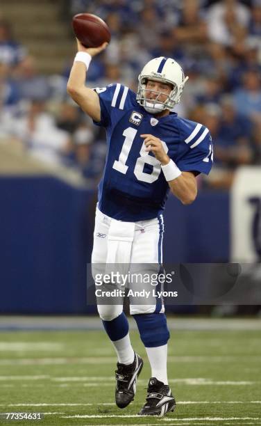 Quarterback Peyton Manning of the Indianapolis Colts passes the ball during the game against the Denver Broncos during the NFL game on September 30,...
