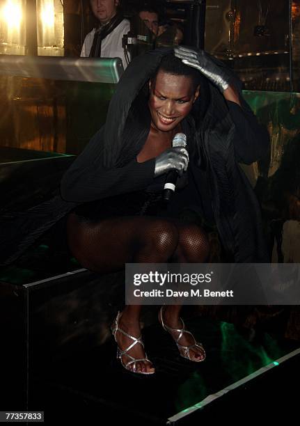 Singer Grace Jones performs at the launch of Kate Moss's new Top Shop 'Christmas Range' collection at Annabel's October 16, 2007 in London, England.