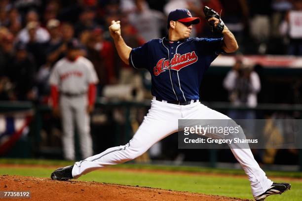 Rafael Betancourt of the Cleveland Indians pitches against the Boston Red Sox during Game Four of the American League Championship Series at Jacobs...
